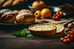 pain, fromage et autre nourriture sur une tableau. généré par ai photo