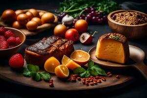 une en bois planche avec divers des fruits et des légumes. généré par ai photo