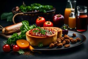 nourriture sur une assiette avec des légumes et fruit. généré par ai photo