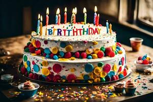 une anniversaire gâteau avec bougies sur Haut. généré par ai photo