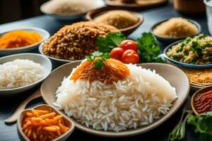 divers les types de riz et des légumes sur une tableau. généré par ai photo