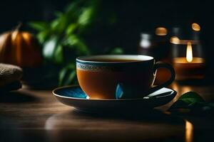 une tasse de thé sur une en bois tableau. généré par ai photo