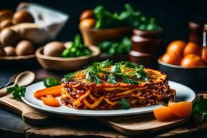 Pâtes lasagne sur une assiette avec des légumes et des légumes. généré par ai photo