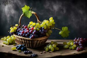 les raisins dans une panier sur une tableau. généré par ai photo