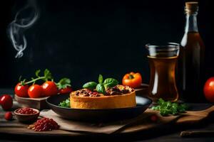 le nourriture est servi sur une en bois table avec une verre de du vin et une bouteille de du vin. généré par ai photo