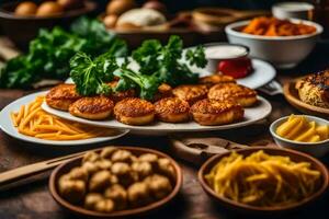 divers nourriture comprenant patates, fromage, et des légumes. généré par ai photo