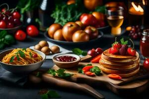 Crêpes, fruit et des légumes sur une tableau. généré par ai photo