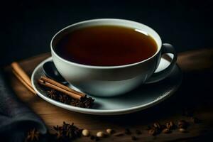 une tasse de thé avec anis et cannelle sur une en bois tableau. généré par ai photo