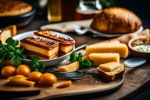 une en bois table avec fromage, pain et autre aliments. généré par ai photo