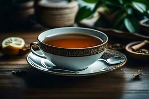 une tasse de thé sur une en bois tableau. généré par ai photo