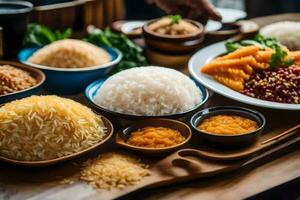 divers les types de riz et autre nourriture sur une tableau. généré par ai photo