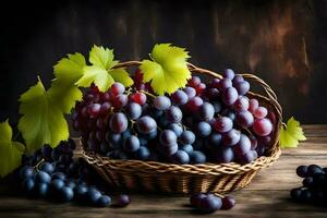 les raisins dans une panier sur une en bois tableau. généré par ai photo