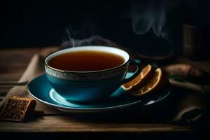 une tasse de thé avec une tranche de orange. généré par ai photo