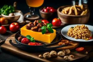 fromage, des noisettes et des légumes sur une en bois tableau. généré par ai photo