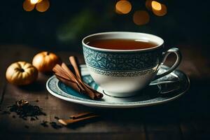 une tasse de thé avec cannelle et épices sur une en bois tableau. généré par ai photo