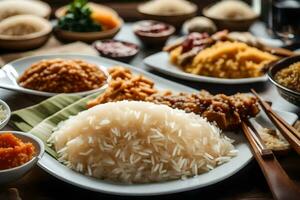 une table avec riz, poulet, et autre plats. généré par ai photo