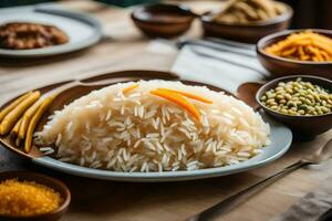 une assiette de riz avec carottes et autre ingrédients. généré par ai photo