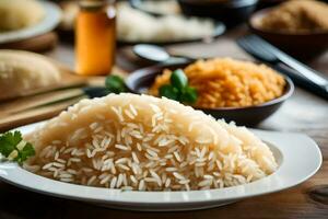 une assiette de riz avec épices et autre ingrédients. généré par ai photo