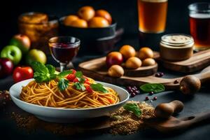 spaghetti avec tomate sauce et des légumes sur une noir tableau. généré par ai photo