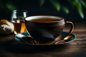 une tasse de thé sur une en bois tableau. généré par ai photo