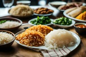 une table avec beaucoup différent les types de riz. généré par ai photo