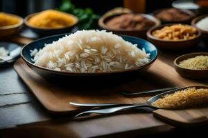 une bol de riz avec différent épices et boules de riz. généré par ai photo