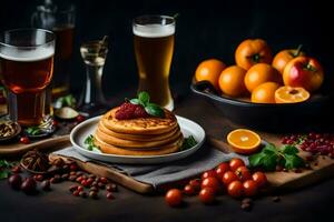 Crêpes avec fruit et Bière sur une en bois tableau. généré par ai photo