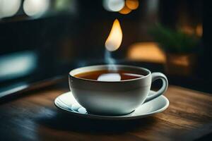 une tasse de thé sur une en bois tableau. généré par ai photo