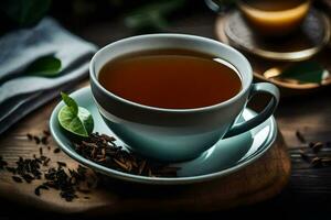 une tasse de thé sur une en bois tableau. généré par ai photo