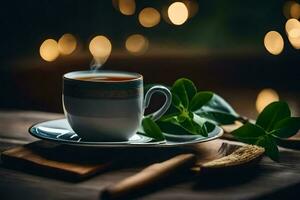 une tasse de thé sur une en bois table avec une en bois cuillère. généré par ai photo