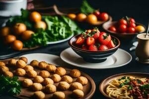 une table avec divers nourriture comprenant Pâtes, tomates, et autre des légumes. généré par ai photo