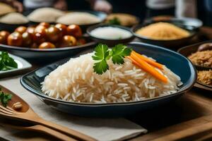 une table avec riz, des légumes et autre aliments. généré par ai photo