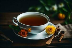 une tasse de thé avec fleurs sur une en bois tableau. généré par ai photo