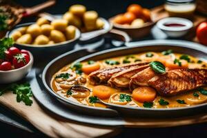 une assiette de nourriture avec poulet, patates et des légumes. généré par ai photo