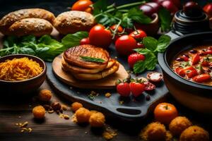 nourriture sur une en bois table avec pain, tomates, et autre ingrédients. généré par ai photo