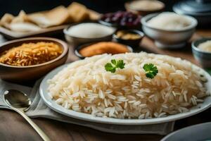 une assiette de riz avec épices et autre ingrédients. généré par ai photo