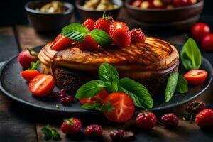 une gâteau avec des fraises et menthe sur une noir plaque. généré par ai photo