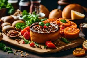 nourriture sur une en bois Coupe planche. généré par ai photo