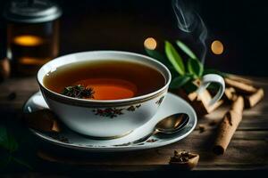 une tasse de thé avec cannelle des bâtons et épices. généré par ai photo