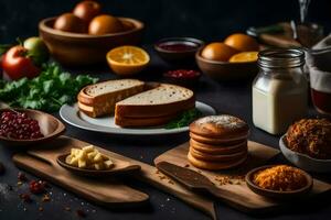 une table avec pain, beurre, et autre nourriture. généré par ai photo