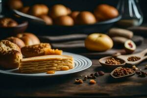 une assiette de nourriture avec pain, pommes et des noisettes. généré par ai photo