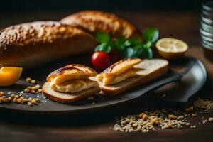 pain avec fromage et tomates sur une en bois tableau. généré par ai photo