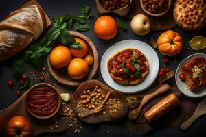 divers nourriture sur une tableau, comprenant pain, tomates, Olives et autre ingrédients. généré par ai photo