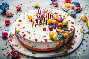 une anniversaire gâteau avec coloré confettis et bougies. généré par ai photo