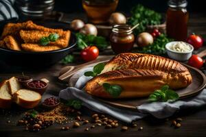 pain avec Viande et des légumes sur une en bois tableau. généré par ai photo