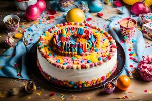 une coloré anniversaire gâteau avec confettis et arrose. généré par ai photo