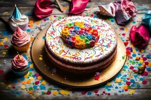 une anniversaire gâteau avec coloré arrose et confettis. généré par ai photo