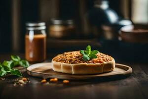 une Pizza avec Viande et des légumes sur une en bois tableau. généré par ai photo