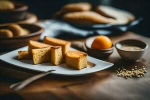 une assiette de pain avec beurre et Orange tranches. généré par ai photo