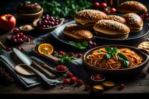 spaghetti avec Boulettes de viande et des légumes sur une en bois tableau. généré par ai photo